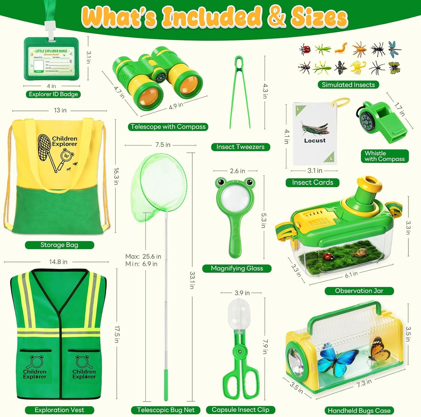 Kids Explorer Kit & Bug Catcher Kit with Vest, Carry Bag, Binoculars,Observation Jar, Butterfly Net, Magnifying Glass, Outdoor Nature Exploration STEM Toys Camping Gift for Boys Girls Ages 3-7