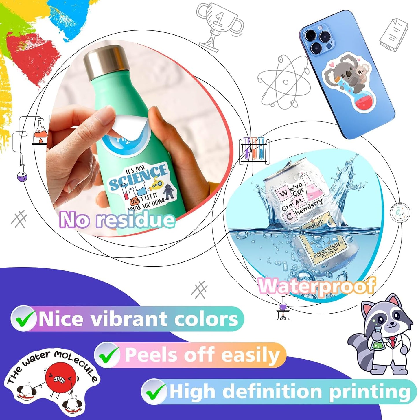 YTSQLER 200 PCS Chemistry Stickers, Funny Laboratory Stickers for Water Bottle Laptop Notebook, Waterproof Chemistry Decals for Teachers Students Kids Teens Adults