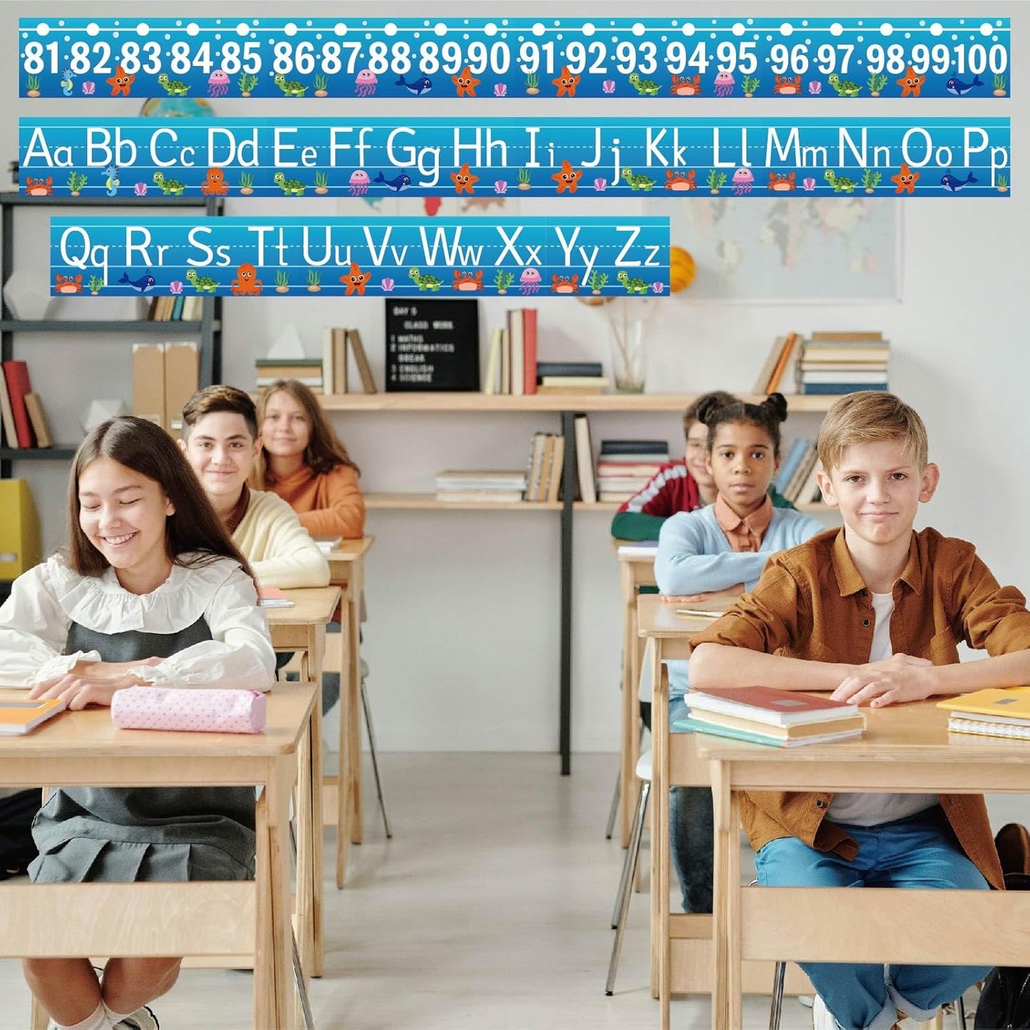 32Pcs A to Z Alphabet and -20-100 Number Cards Boho Bulletin Board Under The Sea Ocean Summer Sunflower Bee Theme Classroom Decorations Math Posters for Wall School Teacher Supplies (Sea Number)