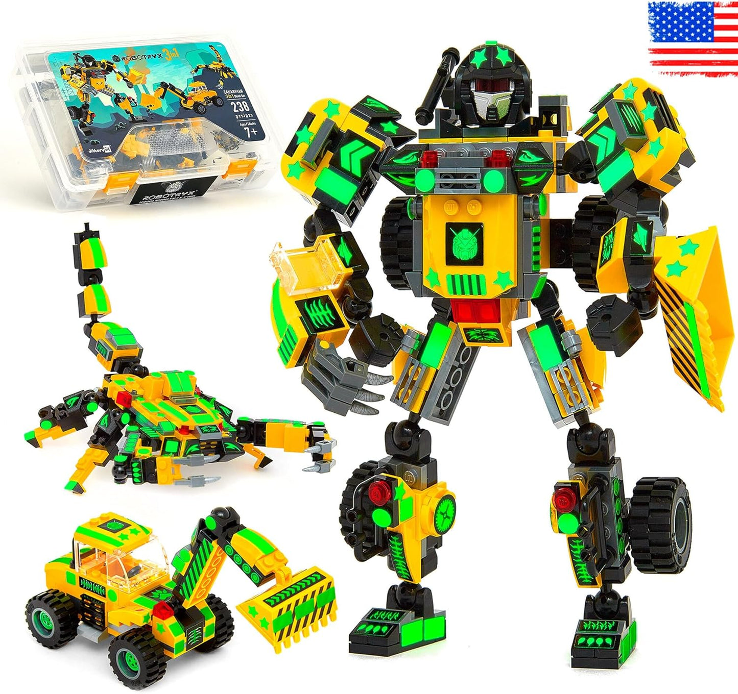 JITTERYGIT Robot Army Buildable Mech Soldier Glow in The Dark Gift Toy Set, Helicopter Military Creative STEM Project, Dinosaur Building Bricks Kit for Kids Ages 6-11 Years Old