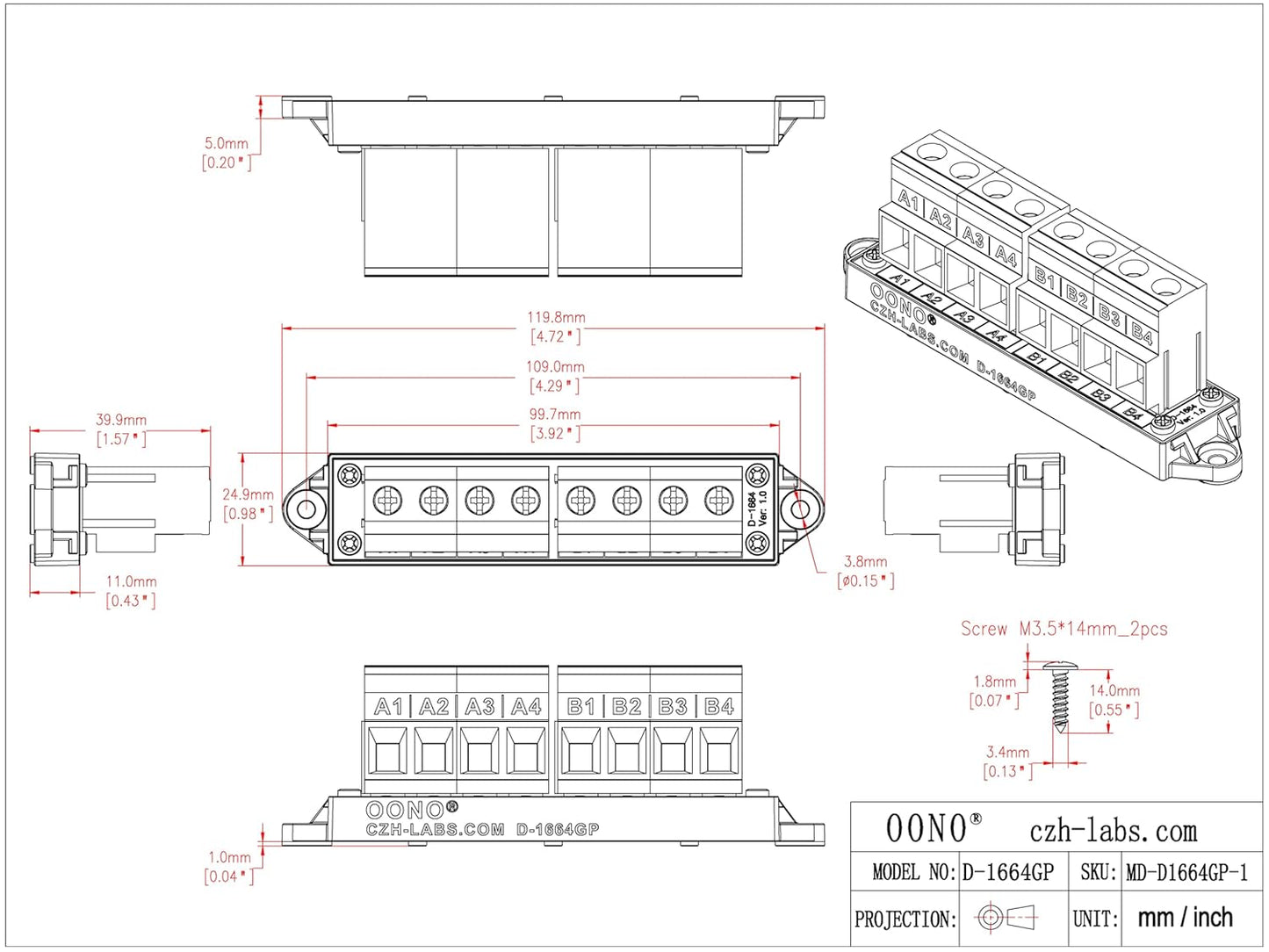30Amp 300V 1x10 Position Terminal Block Distribution Module. OONO D-1661GP