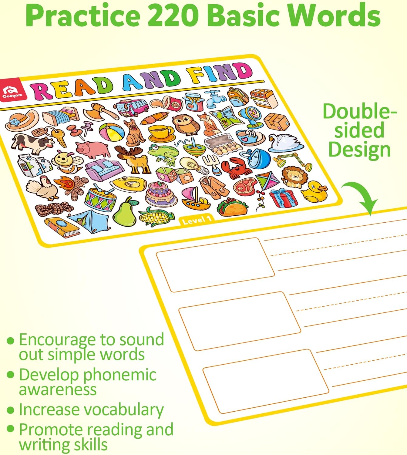 Coogam Search and Find Activity Cards for Kids, 220 Sign Words Dry Erase Busy Book Travel Games, Educational Montessori Toy Learning Flashcards for Kindergarten Preschool 3 4 5 Years Old Kids