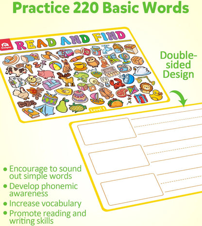 Coogam Search and Find Activity Cards for Kids, 220 Sign Words Dry Erase Busy Book Travel Games, Educational Montessori Toy Learning Flashcards for Kindergarten Preschool 3 4 5 Years Old Kids