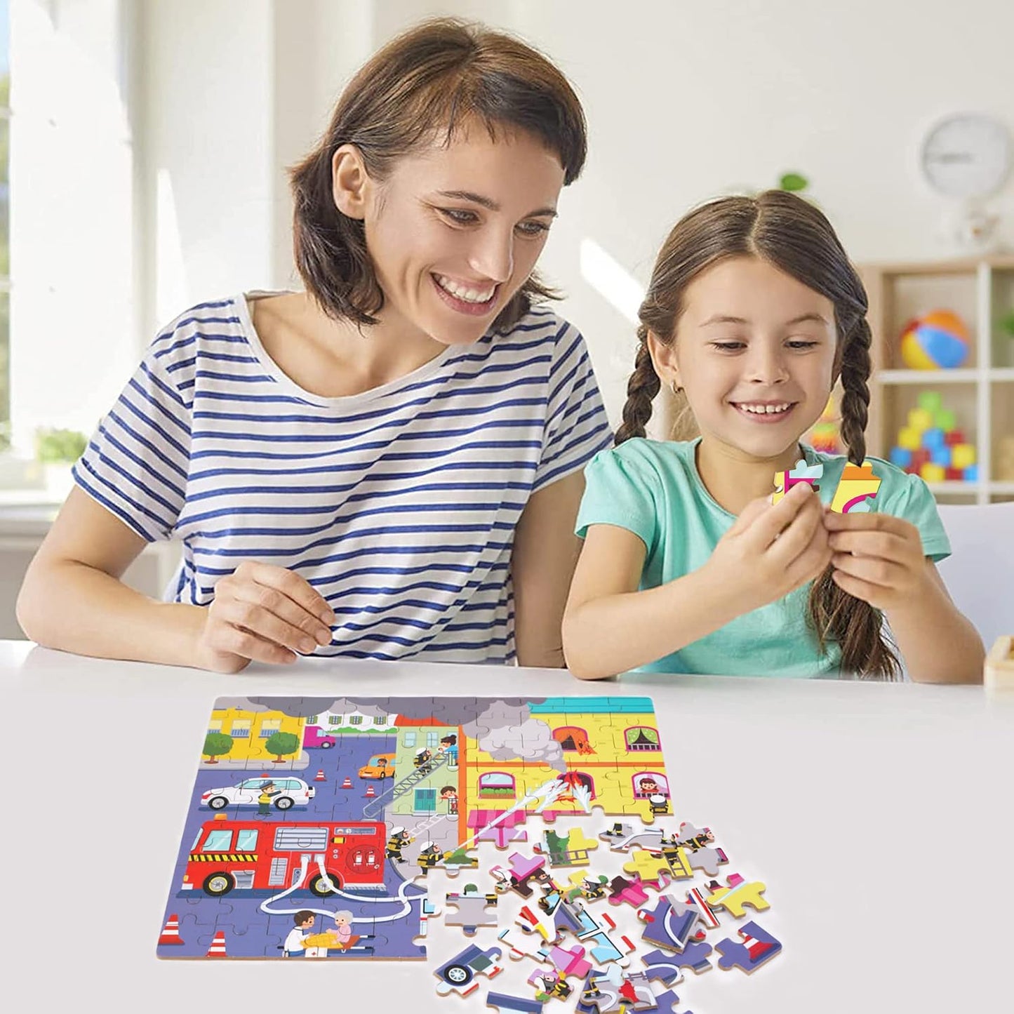 LELEMON 100 Pieces Jigsaw Puzzles in a Metal Box for Kids Age for 4-8 Boys Girls Toy Puzzles Construction Site Vehicles Children Learning Educational Puzzles Toys