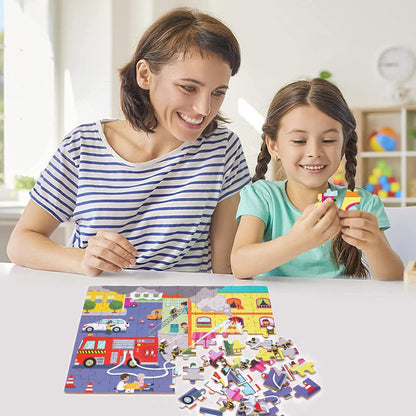 LELEMON 100 Pieces Jigsaw Puzzles in a Metal Box for Kids Age for 4-8 Boys Girls Toy Puzzles Construction Site Vehicles Children Learning Educational Puzzles Toys