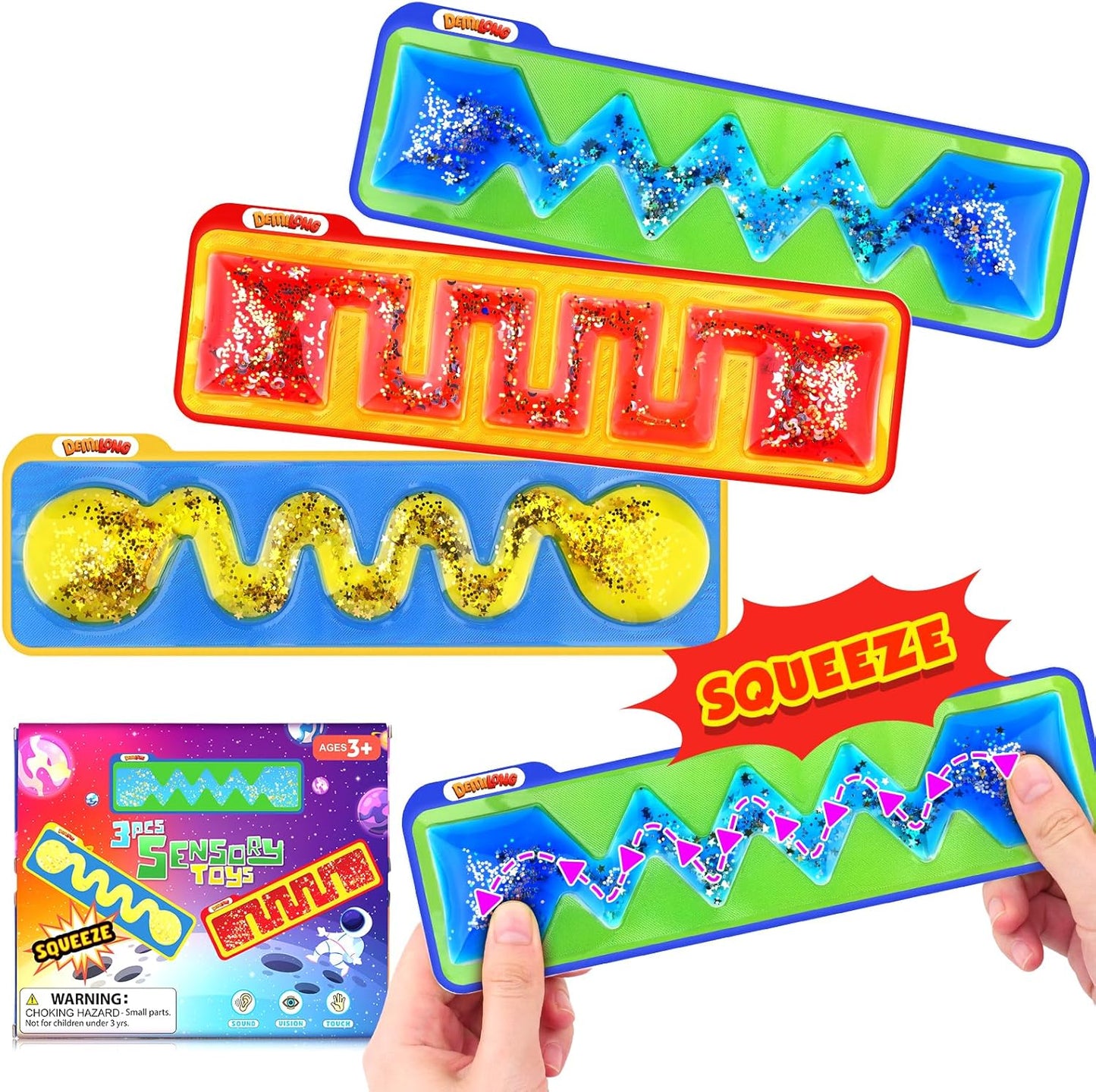 Squishy Sensory Toys for Kids - 4 Pack Fidget Toy Sensory Maze for Autism - Stress Relief Toys for Calm Down - Squeeze Fidget Toy Filled Goo, Glitter, Prizes for Kids Classroom, Goodie Bags Stuffers