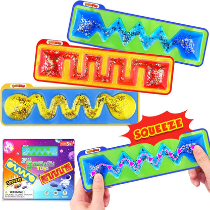 Squishy Sensory Toys for Kids - 4 Pack Fidget Toy Sensory Maze for Autism - Stress Relief Toys for Calm Down - Squeeze Fidget Toy Filled Goo, Glitter, Prizes for Kids Classroom, Goodie Bags Stuffers