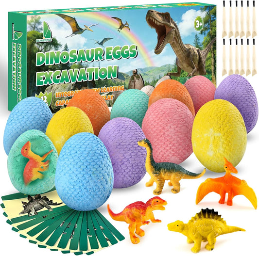 Easter Dino Eggs Dig Kit - 12 Colorful Dinosaur Easter Eggs with Dinosaur Figures, 12 Dig Tools for Easter Egg Hunt, Easter Basket Stuffers & Easter Toys and Games (Colorful)