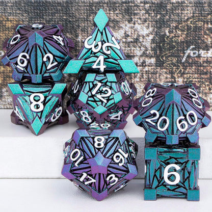 7PCS Metal DND Dice Set with Box, Debris RPG Blue White D and D Dice for D&D Tabletop Games Role Playing Game Polyhedral Dice Set D20 D12 D10 D8 D6 D4