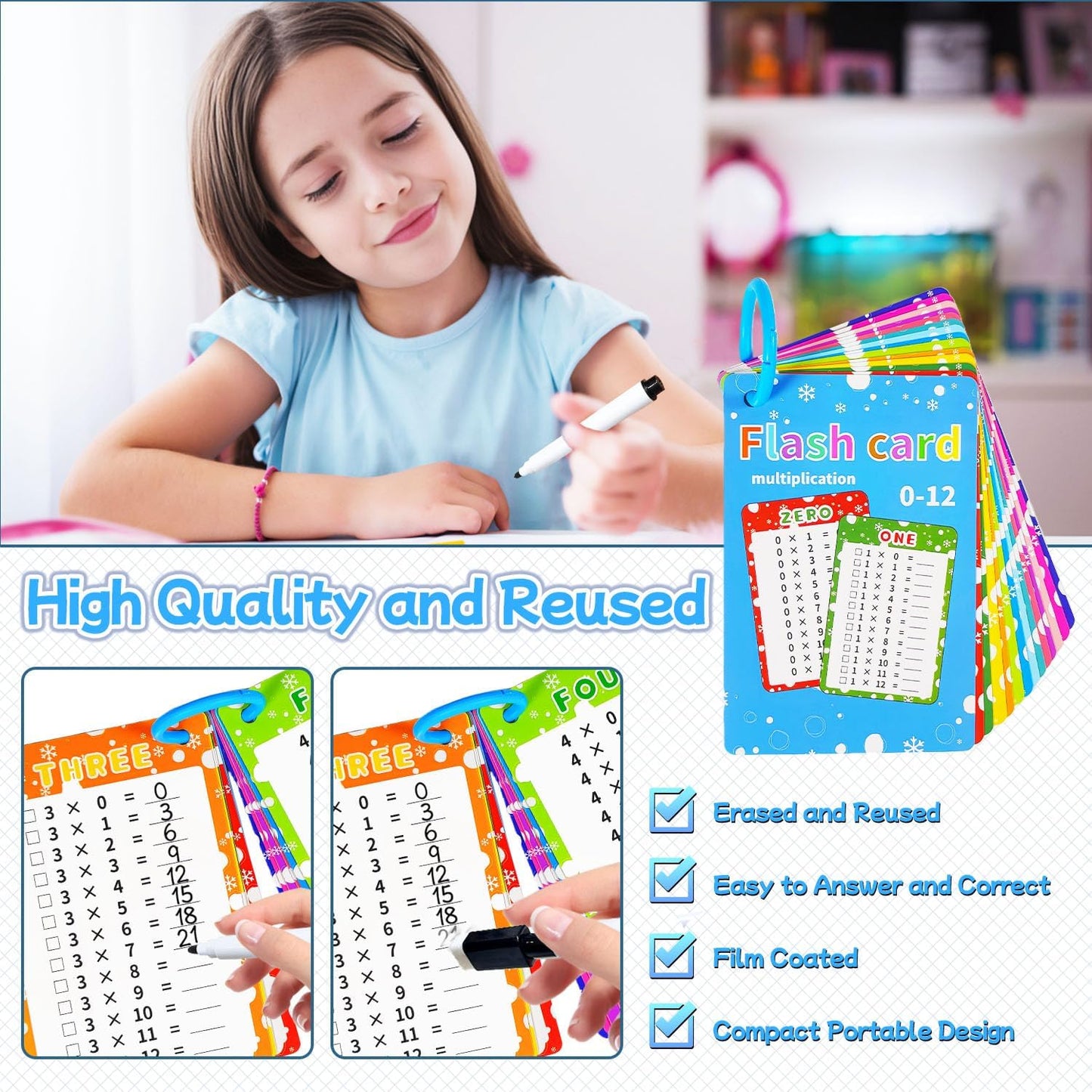 Multiplication Flash Cards 0-12, 14PCS Times Table Flashcard Chart, with Dry Erase Markers Sorting Ring, 1st, 2nd, 3rd Grades Educational Math for Classroom Home