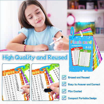 Multiplication Flash Cards 0-12, 14PCS Times Table Flashcard Chart, with Dry Erase Markers Sorting Ring, 1st, 2nd, 3rd Grades Educational Math for Classroom Home