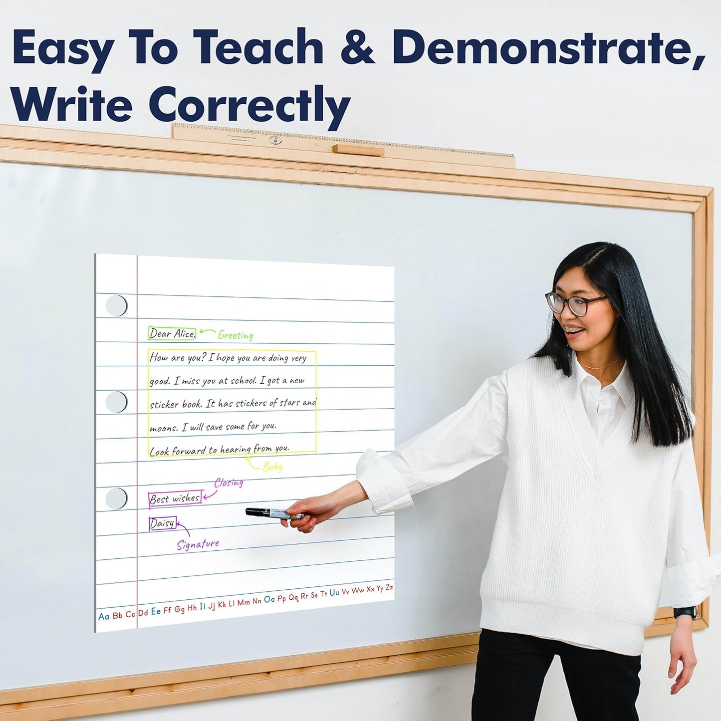 Magnetic Notebook Paper, Erasable & Writable Handwriting Lined Paper Dry Erase Writing Strip Learning Tool for Classroom School, Whiteboard, Blackboard, Office Supplies (17” x 20”)