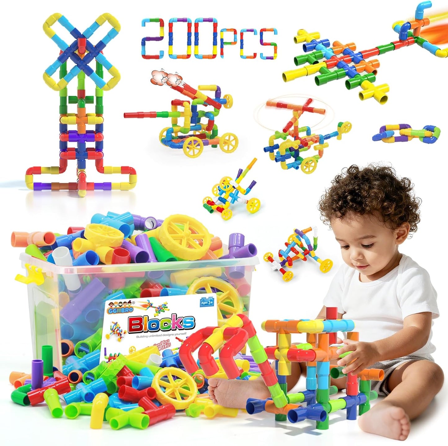 Ggiibro STEM Building Toy for Toddlers 106Pieces Tube Pipe Toy,Educational Preschool Game for 3+ Years,Learning Building Blocks Play with Storage Box Gift Kit,Montessori Toys for Boys & Girls