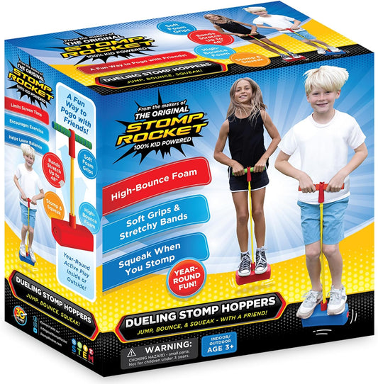 Dueling Stomp Hopper Pogo Stick - Jump, Bounce & Squeak Foam POGO Jumper for Kids - Toddler Pogo Stick with Soft Grips & Stretchy Bands - STEM Indoor & Outdoor Toys for 3-5 Year Olds