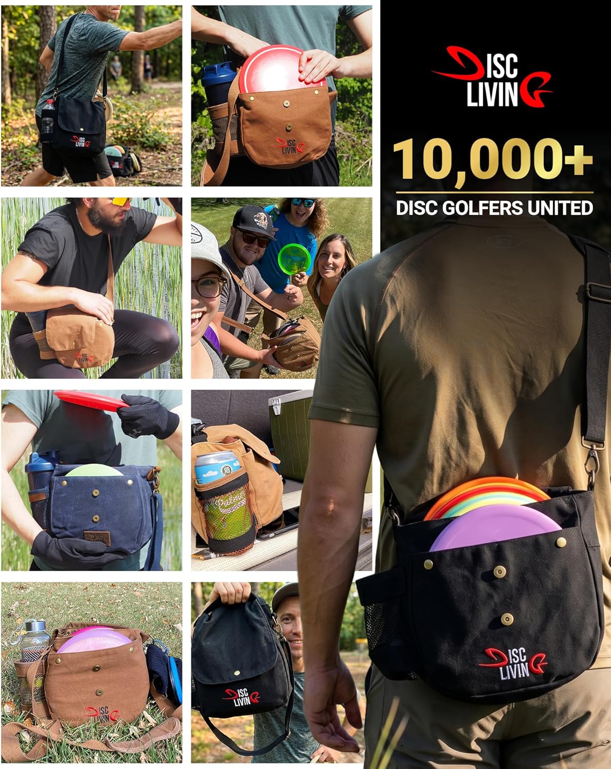 Disc Golf Bag | Frisbee Golf Bag | Easy to Carry | Lightweight Fits Up to 10 Discs | 16 oz Waxed Canvas Sturdy Design | Belt Loop | Double Button Design | Bottle Holder