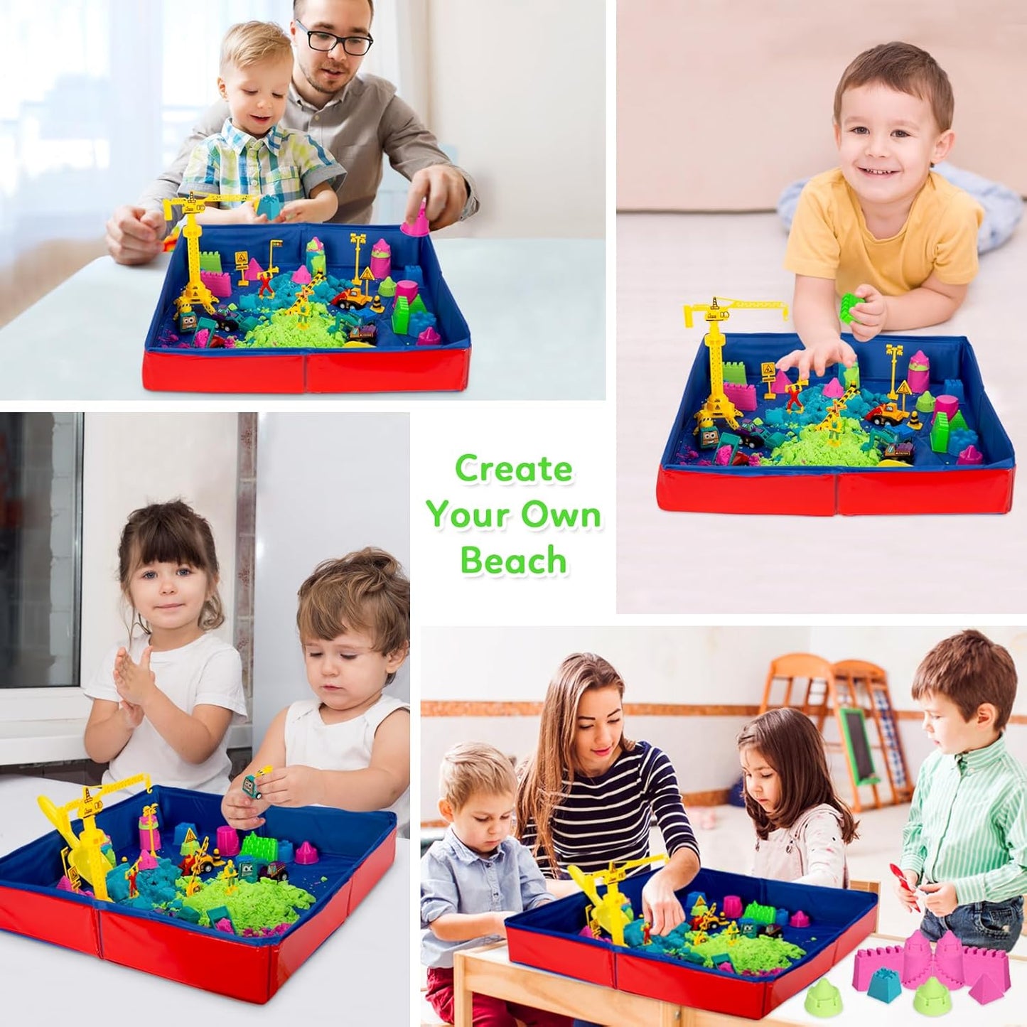 GarveeLife Kids Sand Kit, 43PCS Set w/Tools, 6 Construction Trucks & Castle Molds, Foldable Sand Box Storage Bin Tote, Toys for Boys Girls