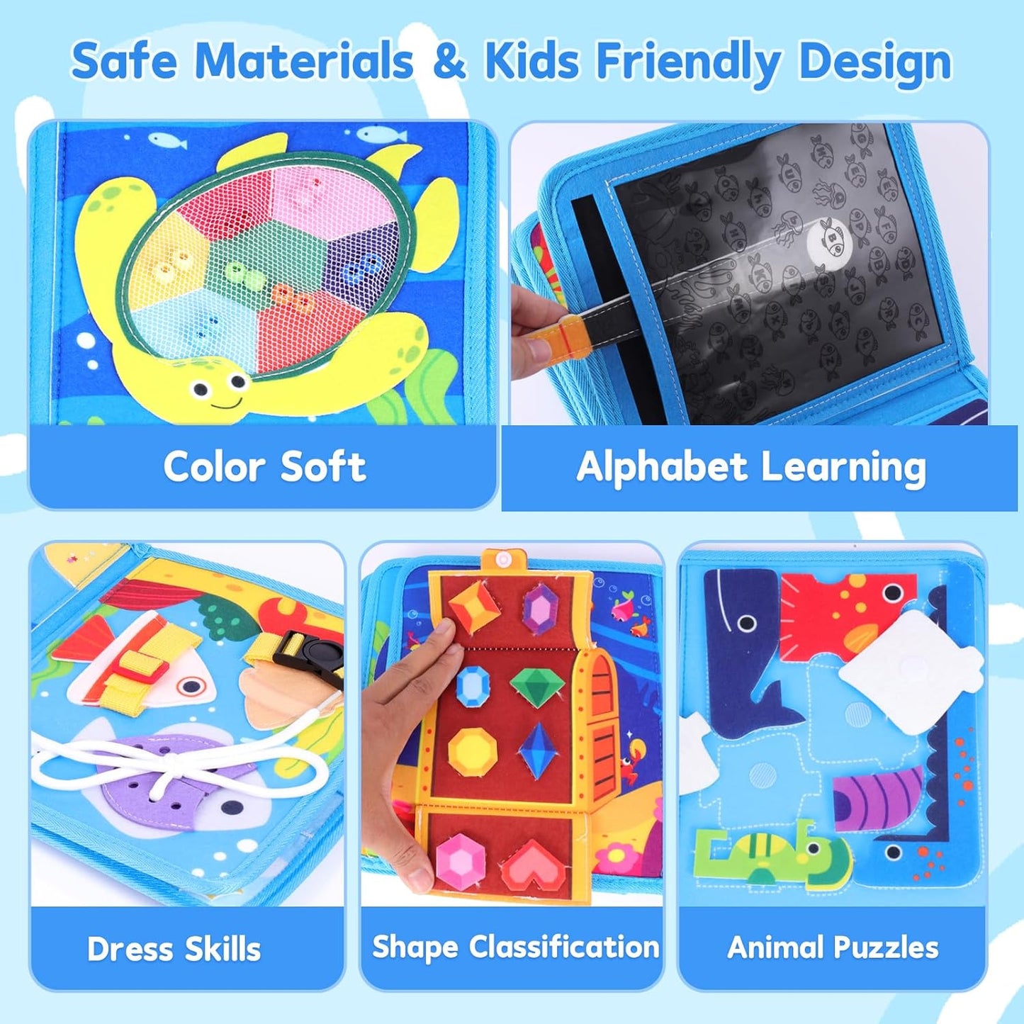 Ocean Busy Book for Toddlers 1-3, Montessori Quiet Book with 20 Activities, Travel Toy for Fine Motor Learning, Gift for Boys Girls