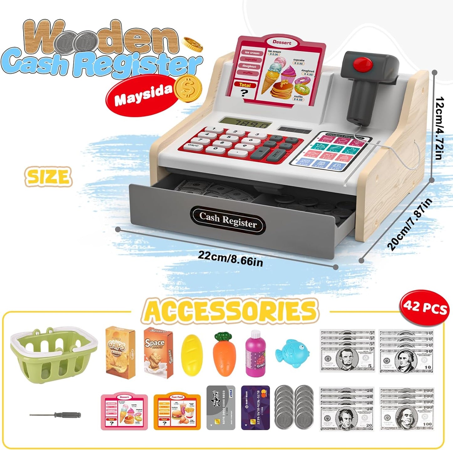 Kids Cash Register Toy Playset, Toddler Prentend Play Store with Real Calculator Cash Register with Scanner/Credit Card/Play Money/Food, Learning Toys for Boys Girls Toddlers(Pink)