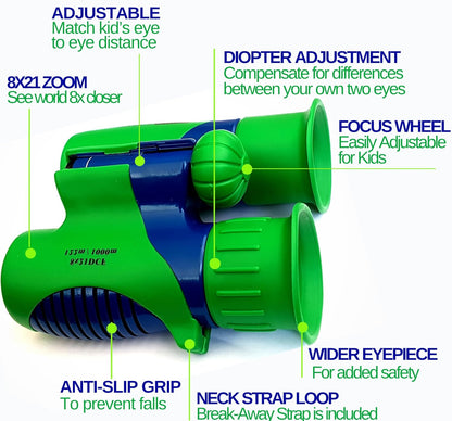 Kids Binoculars 8x21 Shockproof Green - Ages 3-12 with Case Neck Strap Compass Carabiner | High Resolution Optics for Bird Watching Camping Hiking | Birthday Gift Boys Girls