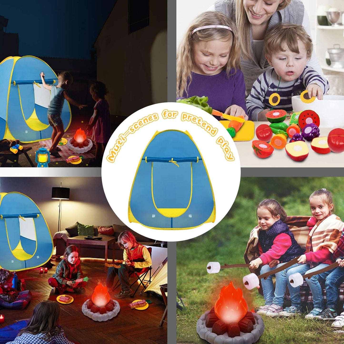 Mitcien Kids Camping Gear Set with Play Tent, Pretend Campfire, Fruits, Marshmallow, Camping Toys for Toddlers, Boys & Girls - Indoor & Outdoor Explore & Adventure