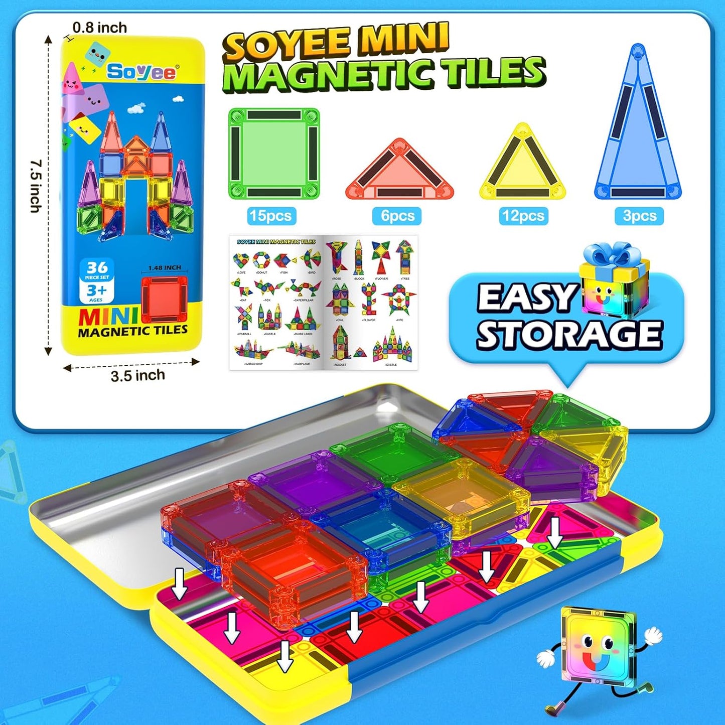 Soyee Magnetic Tiles Toddler Toys Travel Essential Games Magnet Building Blocks STEM Sensory Educational Toys for 3 4 5 6 7 8+ Year Old Boys Girls Christmas Birthday Gifts