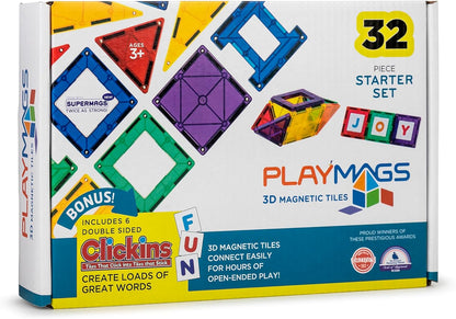 Playmags Magnetic Tiles for Kids 100-Piece Set, STEM Educational Building Blocks Toys for Kids, Includes Click-in ABC Learning Tiles, Gift for Boys & Girls, Add on Magnetic Figures, Car Set Available