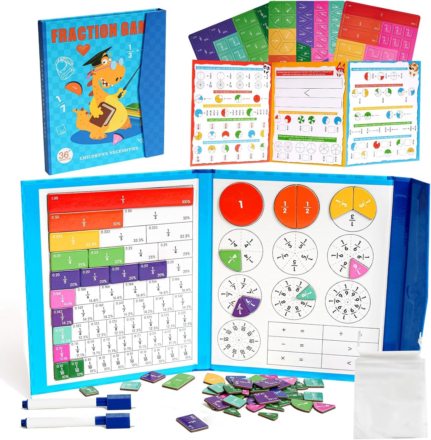 Magnetic Fraction Demonstration Book, Magnetic Fraction Tiles, Fractions Manipulatives, Score Disk Demonstrator Math Puzzle Learning Building Block Set- (2Set)