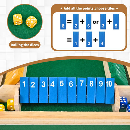 1-4 Players Shut The Box Dice Game, 10 Numbers Traditional Wooden Pub Bar Board Family Table Mat Game Dice for Adults