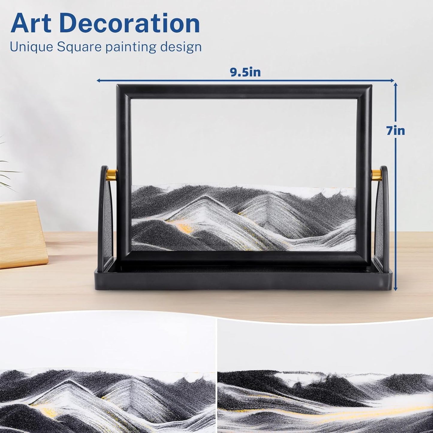 BOLGRLONG Moving Sand Art Liquid Motion 3D Dynamic Mountains Sandscape Painting, Square Glass Sands Painting with Easy-Flip Stand, Sensory Relaxing Decor for Home and Office (9") (Black)