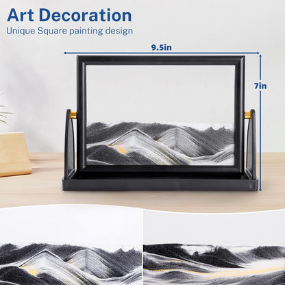 BOLGRLONG Moving Sand Art Liquid Motion 3D Dynamic Mountains Sandscape Painting, Square Glass Sands Painting with Easy-Flip Stand, Sensory Relaxing Decor for Home and Office (9") (Black)
