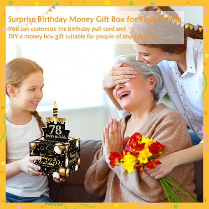 Birthday Money Box for Cash Gift Pull, Surprise Gift Boxes for Money, Money Holder Box with Pull Out Happy Birthday Card and 50Pcs Transparent Bags, Money Gift Ideas for Kids and Adults