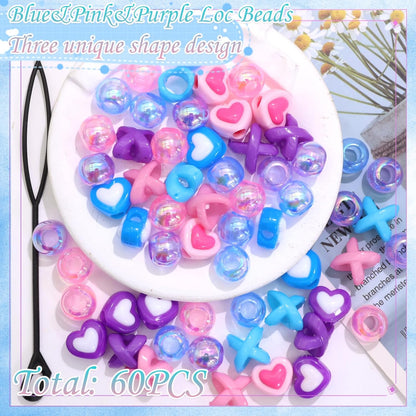 60PCS Pink White Hair Beads for Braids Three Styles Cute Loc Beads Heart Shape Bead for Kids Dreadlock AB Color Round Pony Bead Accessories