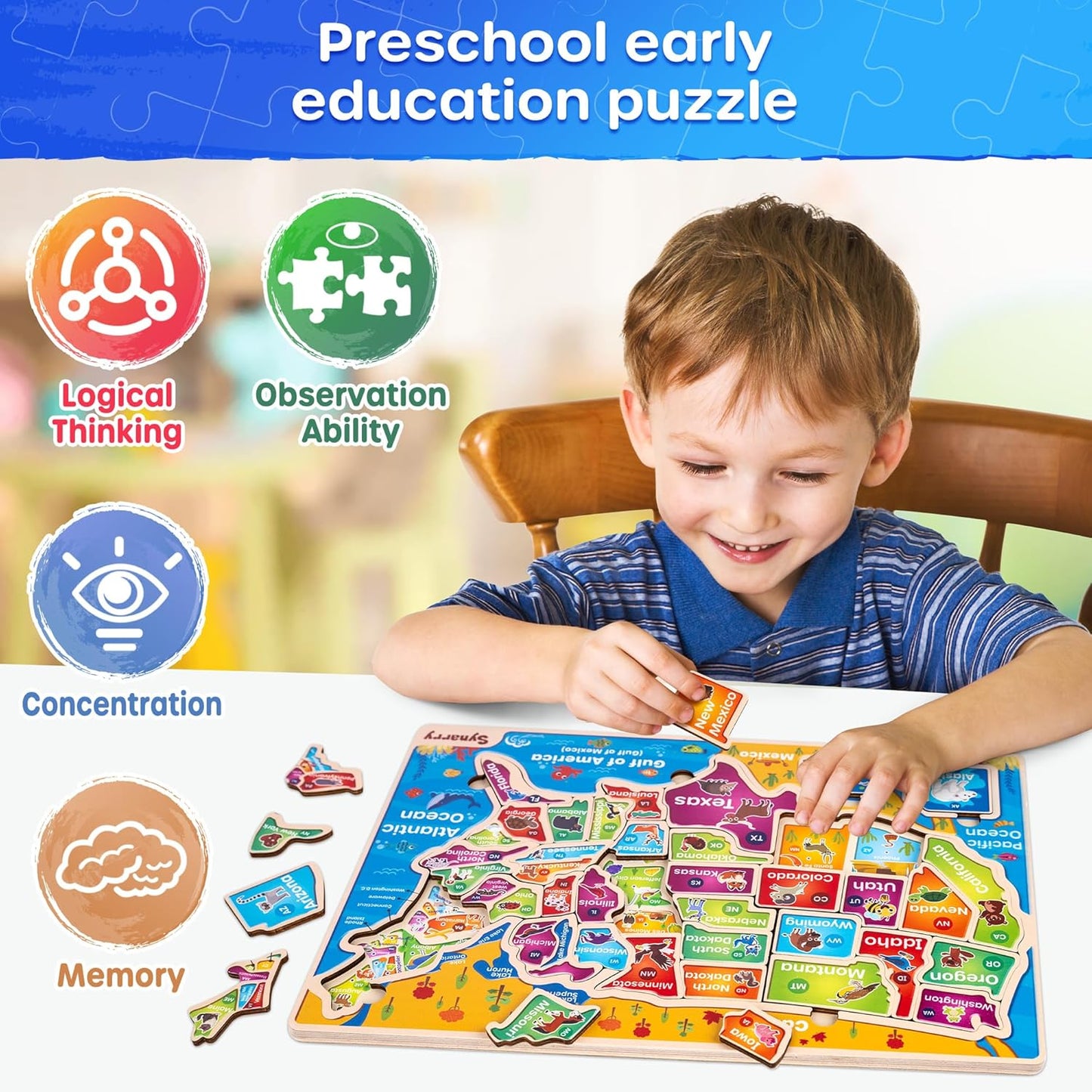 SYNARRY Large USA World Wooden Puzzles for Kids Ages 4-6, Learning United States World Maps Puzles for Kids Ages 6-8, Wood Jigsaw Puzzles Educational Games Toys Gifts for Boys Girls Ages 3-8