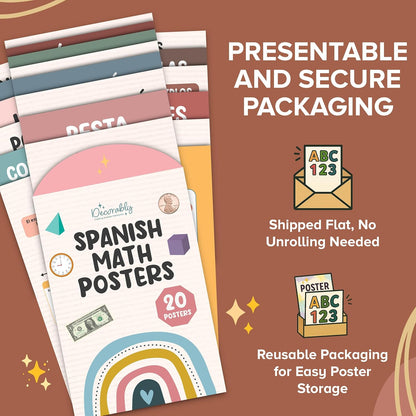 Decorably 20 Boho Spanish Math Posters for Classroom, 11x17in Educational, Matte-Laminated Classroom Decor - for Hallways, Bulletin Boards, Home Study Room