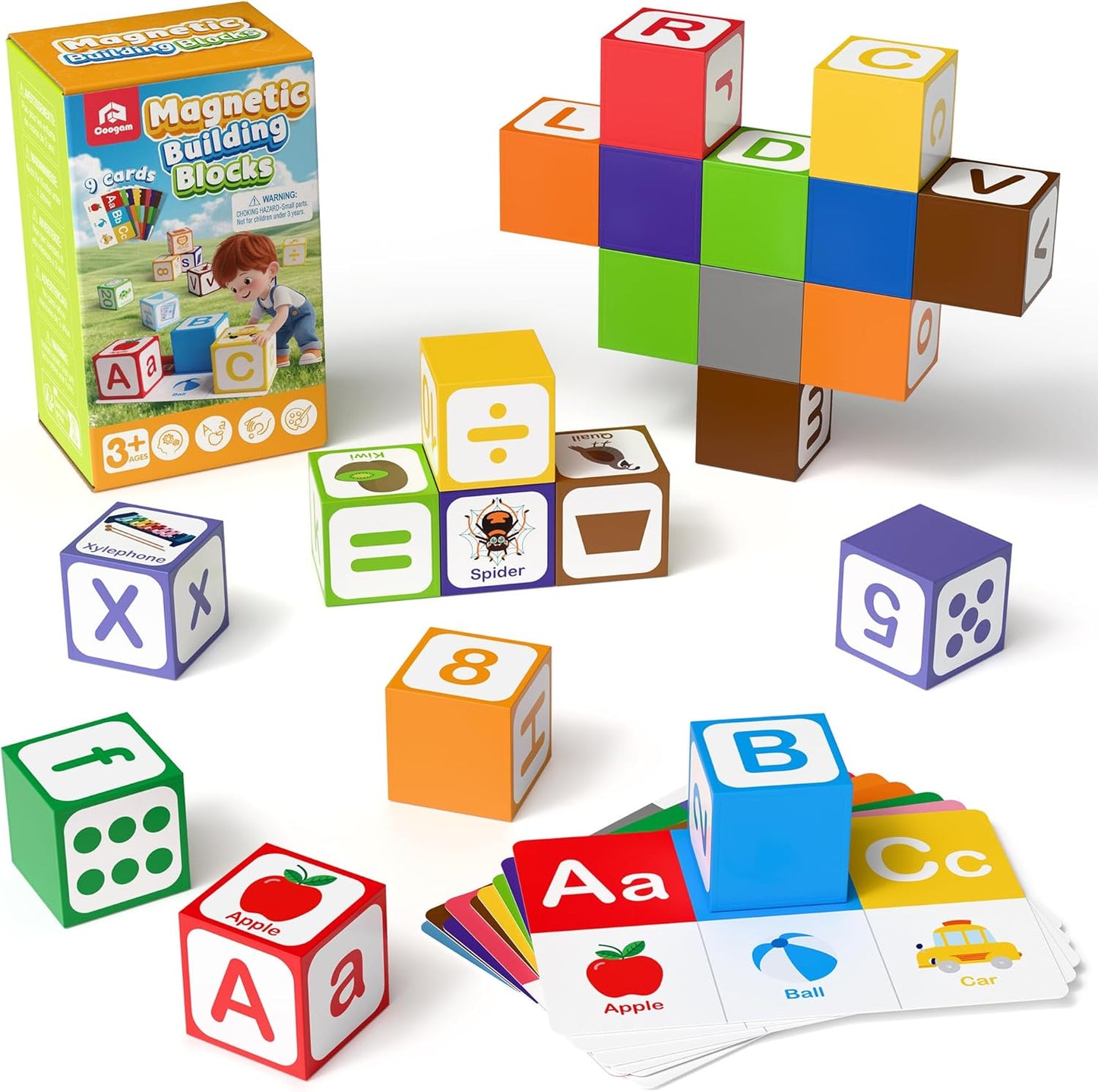 Coogam Magnetic Alphabet Blocks for Learning Numbers, Letters, Shapes, Magnet Construction Game & Toddlers Building Cube, Educational Stem Montessori Sensory Toy Gift for 3 4 5 Year Old