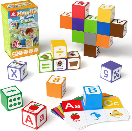 Coogam Magnetic Alphabet Blocks for Learning Numbers, Letters, Shapes, Magnet Construction Game & Toddlers Building Cube, Educational Stem Montessori Sensory Toy Gift for 3 4 5 Year Old