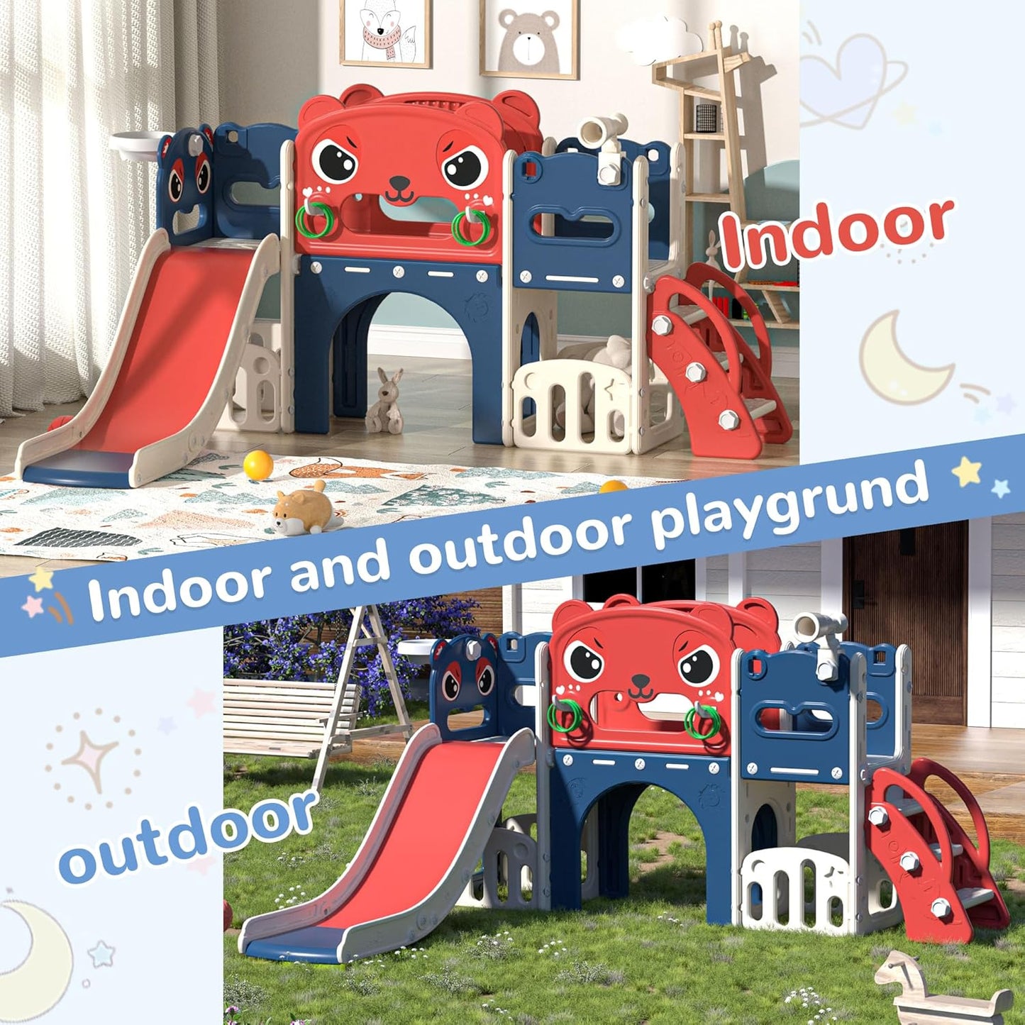 NYEEKOY 9 in 1 Toddler Slide Playset Indoor Outdoor Kids Slide and Climber for Toddler Age 1-6, Children Slide Climber Playground
