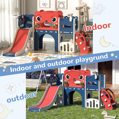 NYEEKOY 9-in-1 Toddler Slide and Climber Playset Freestanding Indoor Outdoor Kids Slide for Age 1-8, Backyard Playground with Basketball Hoop,Telescope,Storage Space