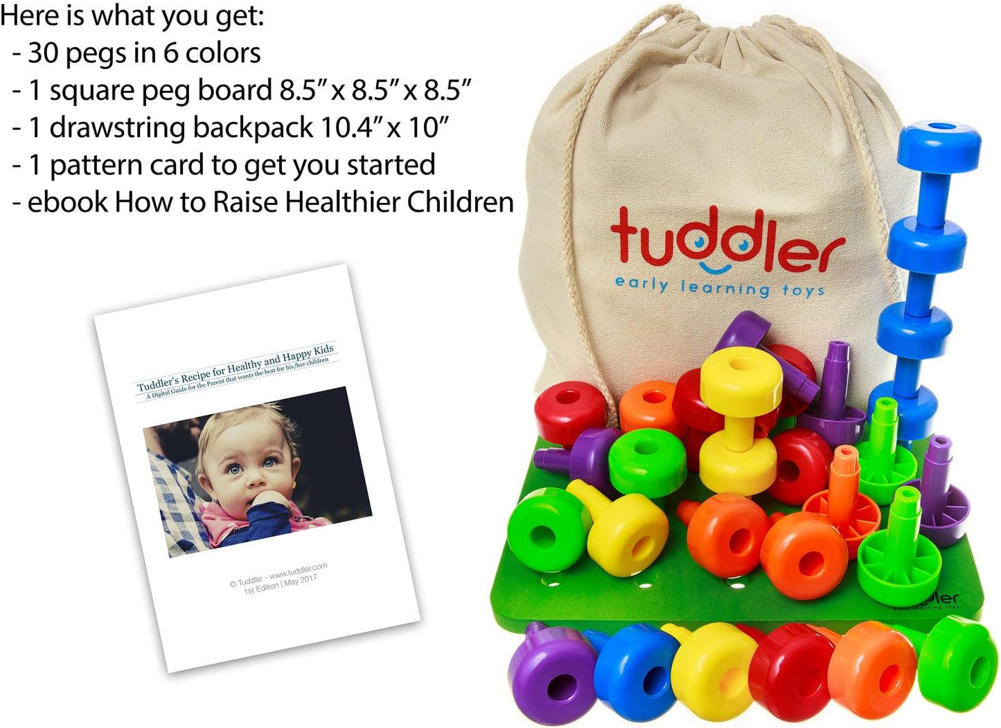 Toddler Peg Board Sensory Montessori Fine Motor Skills Educational Toys - 30 Stackable Pegs + Pattern Card + Drawstring Backpack + E-Book