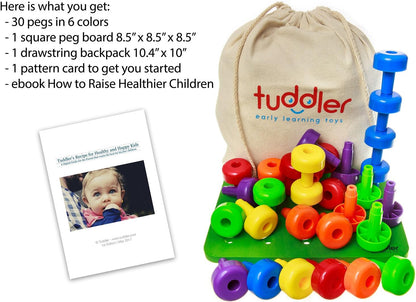 Toddler Peg Board Sensory Montessori Fine Motor Skills Educational Toys - 30 Stackable Pegs + Pattern Card + Drawstring Backpack + E-Book