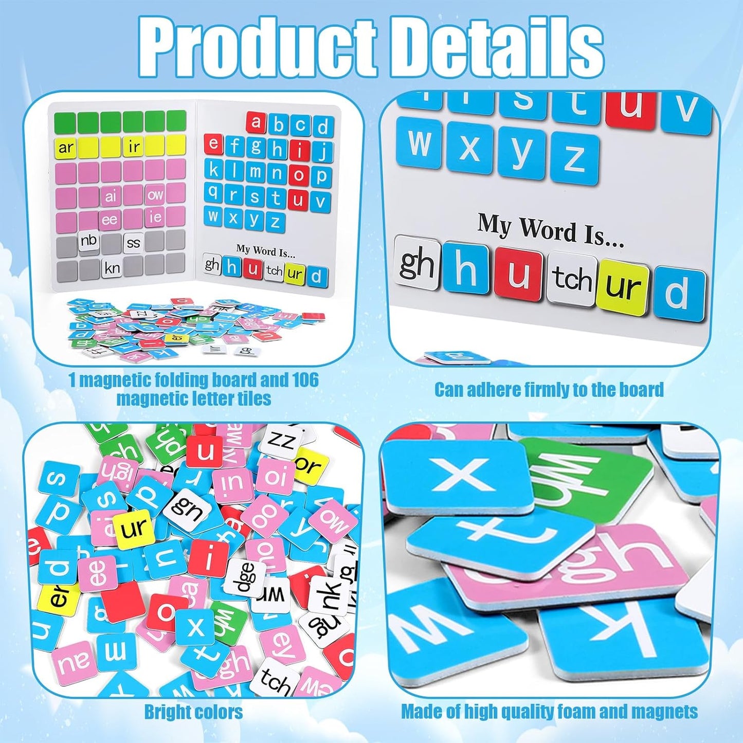Ireer 6 Set Phonics Magnetic Letter Tiles Set Spelling Reading Games Board Manipulative Phonemic Awareness Sentence Building Alphabet ABC Fridge Magnets Homeschool Classroom Learning Activity