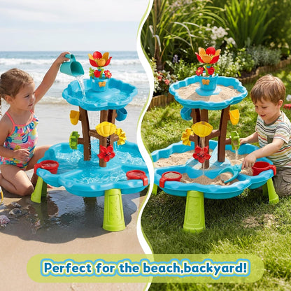 deAO Flower Water Sand Table for Kids 2-Tier Outdoor Water and Sand Play Table Toy Set with 11 Piece Water Toy Accessories Summer Gift for Boys Girls