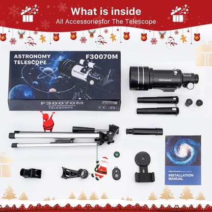 FREE SOLDIER Telescope for Kids 70mm Aperture Astronomical Refractor Telescopes for Beginners (15X-150X) 300mm Telescope for Adults High Powered with A Phone Adapter & A Wireless Remote (White)