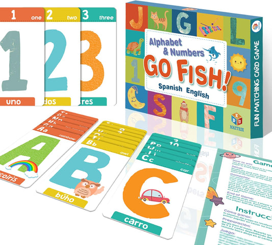 Spanish English Bilingual Alphabet Numbers Go Fish Card Game for Kids,72 Cards, ABC Learning Playing Cards, Memory Matching Games, 2-8 Players, Ages 4-8 and up, Old Maid and Slap Jack