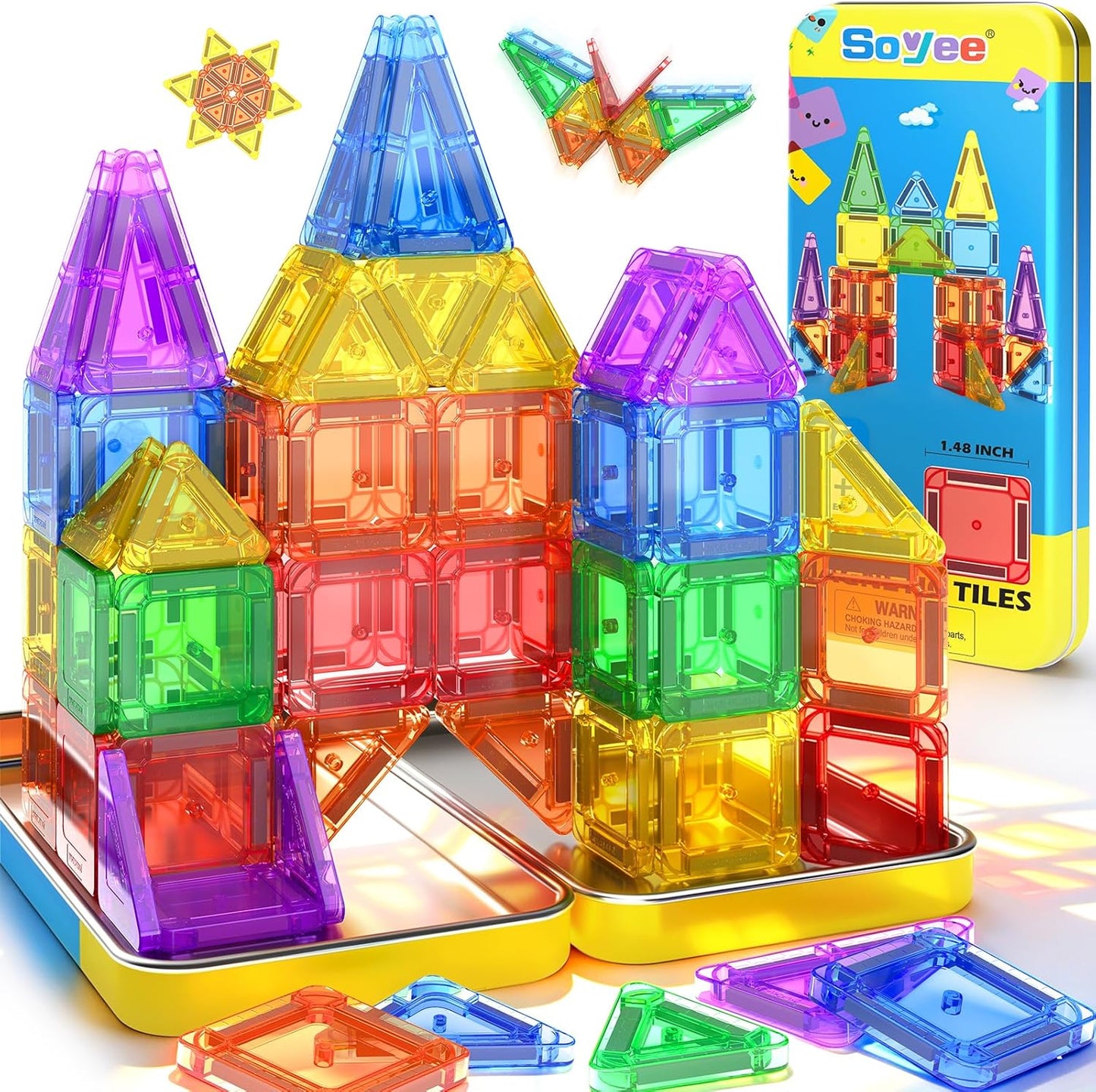 Soyee Magnetic Tiles Toddler Toys Travel Essential Games Magnet Building Blocks STEM Sensory Educational Toys for 3 4 5 6 7 8+ Year Old Boys Girls Christmas Birthday Gifts