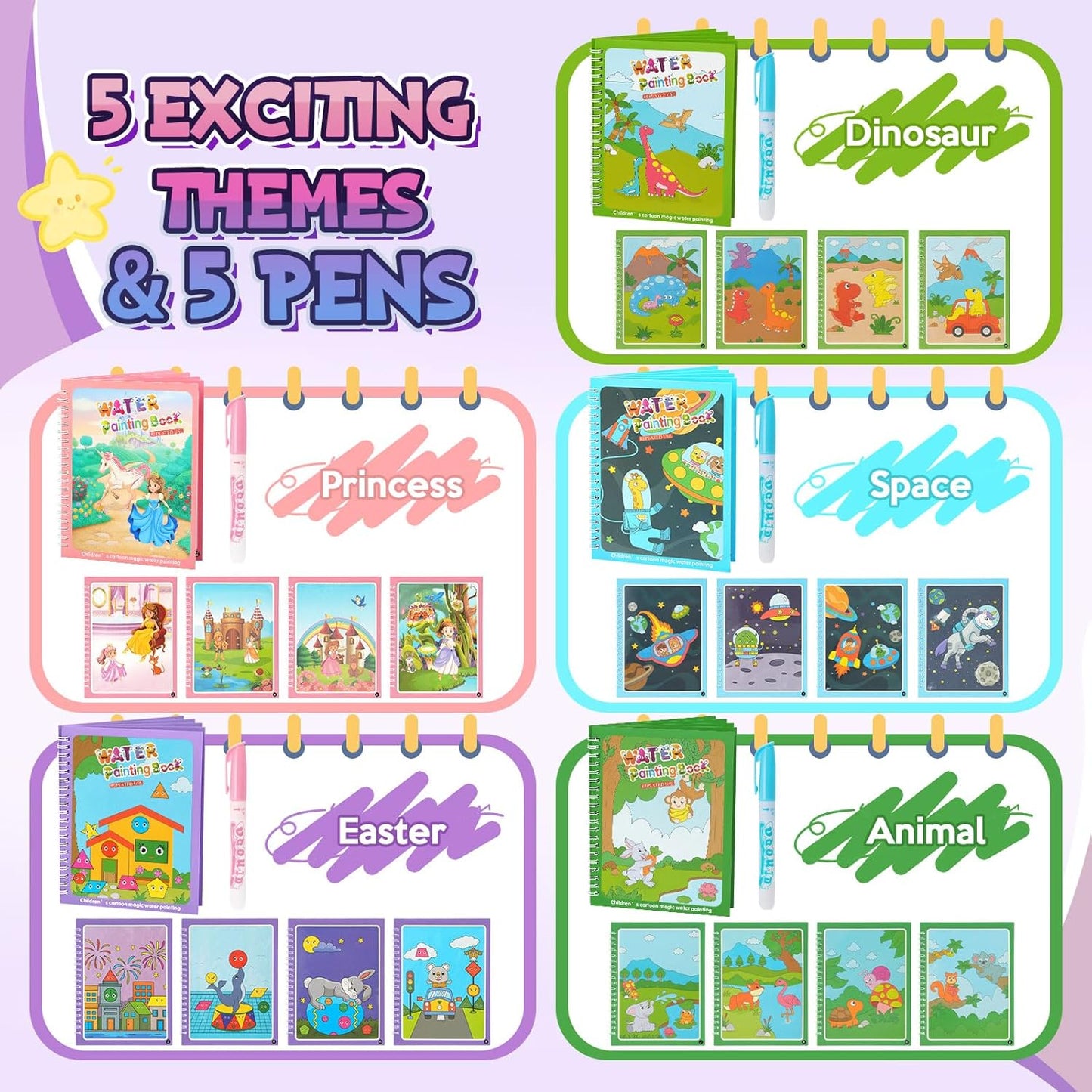 CMTOOP 5 Pack Water Coloring Books for Toddlers 1-3 - Mess Free Painting for Kids & Reusable Magic Water Activity Book - Aqua Art Travel Toys & Educational Arts and Crafts Gifts for Boys Girls Age 2-4