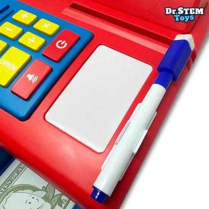 Dr. STEM Toys Solar Powered Calculator Pretend Cash Register with Play Money – 67-Piece Set for Learning Math Skills, STEM Cash Register for Kids (Gray)