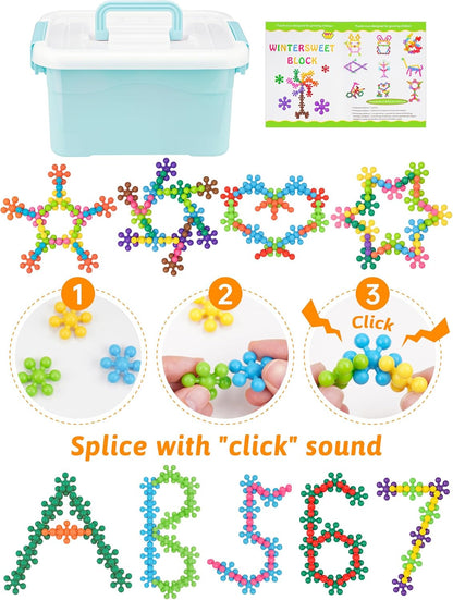 Snowflake Interlocking Building Block Educational Toy 300PCS for Kids Ages 3+, Multi-Color Solid Plastic Early Learning Creativity STEM Toy with Carrying Case Safe Material