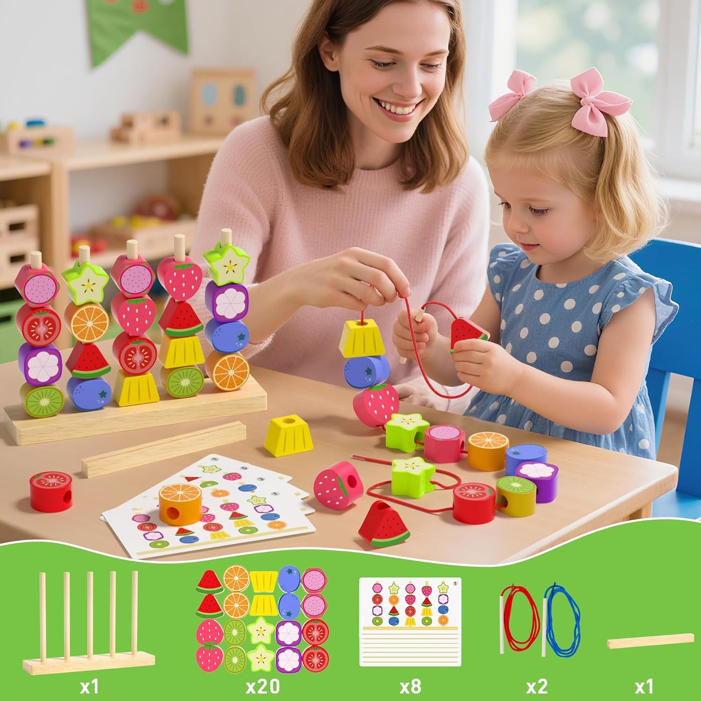 Melofaver Montessori Toys for 3 4 5 Year Old, Wooden Fruit Toddler Stacking Toys, Stacking Blocks & Lacing Beads & Shape Sorter Toy for Toddler, STEM Preschool Learning Toys for Kids Boys Girls