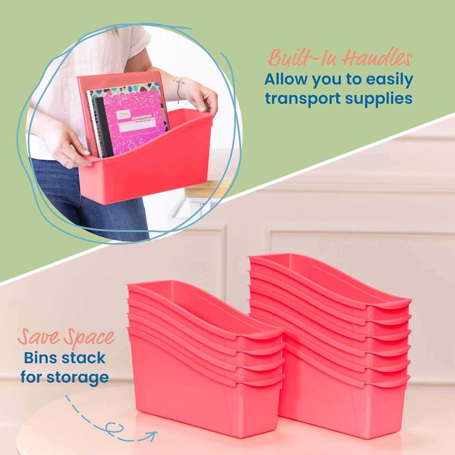 ECR4Kids Linking Plastic Storage Book Bin, Multipurpose Organization, Neon Purple, 10-Piece